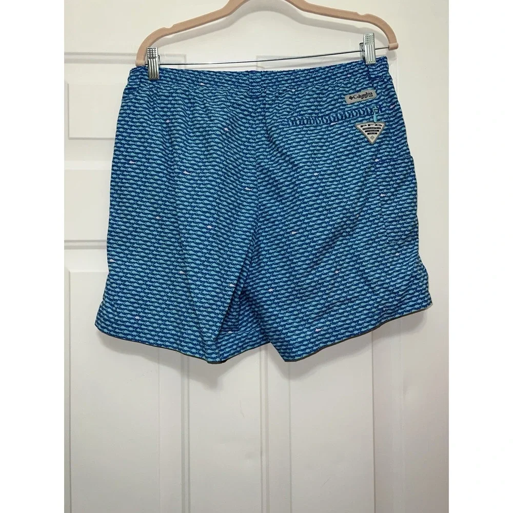 Columbia PFG Swim Trunks Men Medium Blue Drawstring Elastic Waist Lined Fish AOP